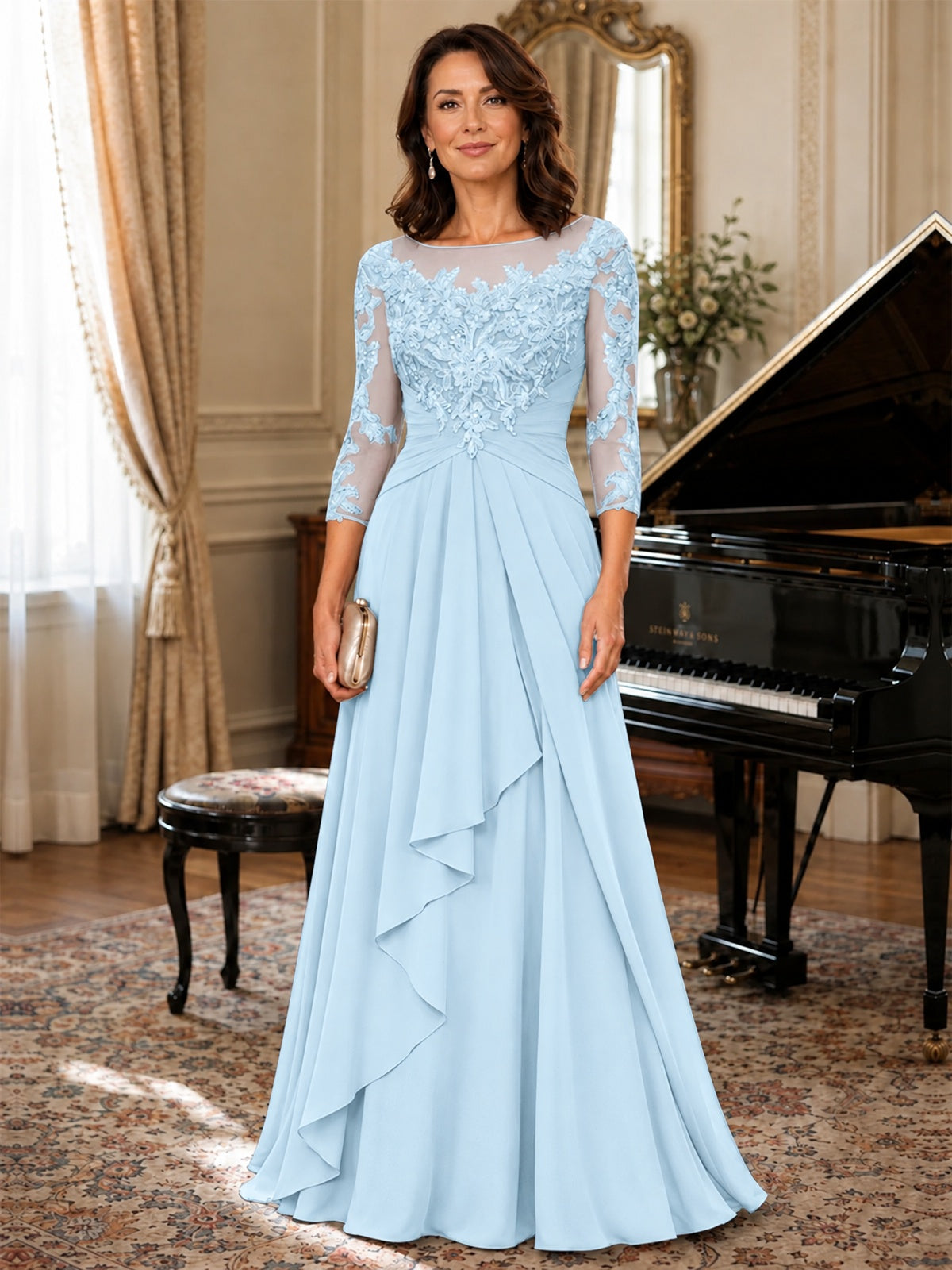 A-Line Chiffon Mother of the Bride Dress with Floral Applique 3/4 Sleeves