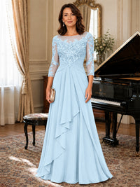 A-Line Chiffon Mother of the Bride Dress with Floral Applique 3/4 Sleeves
