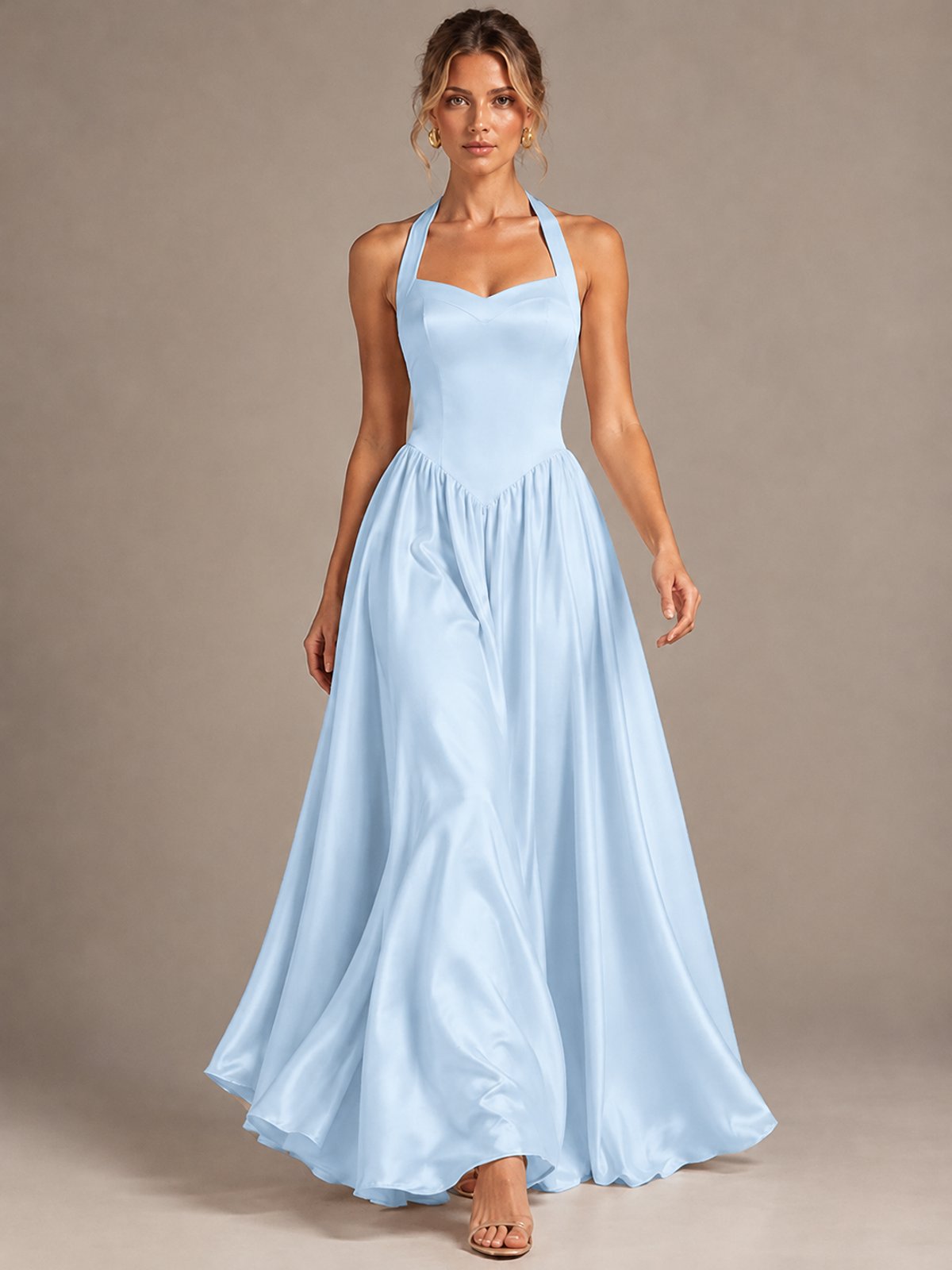 Light Yellow Halter Neck Satin A-Line Maxi Dress with Pockets