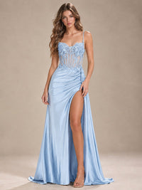Mermaid Satin Prom Dress with Floral Appliqué Corset and High Slit