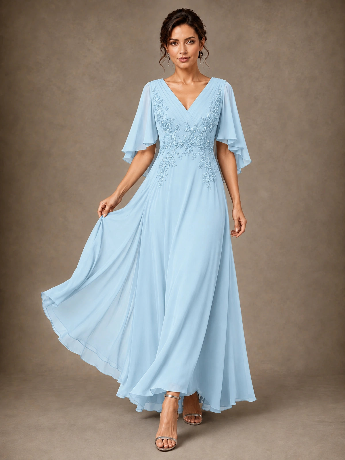 V-Neck Chiffon Lace Mother of the Bride Dress with Flutter Sleeves