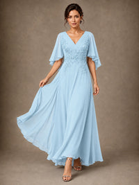 V-Neck Chiffon Lace Mother of the Bride Dress with Flutter Sleeves
