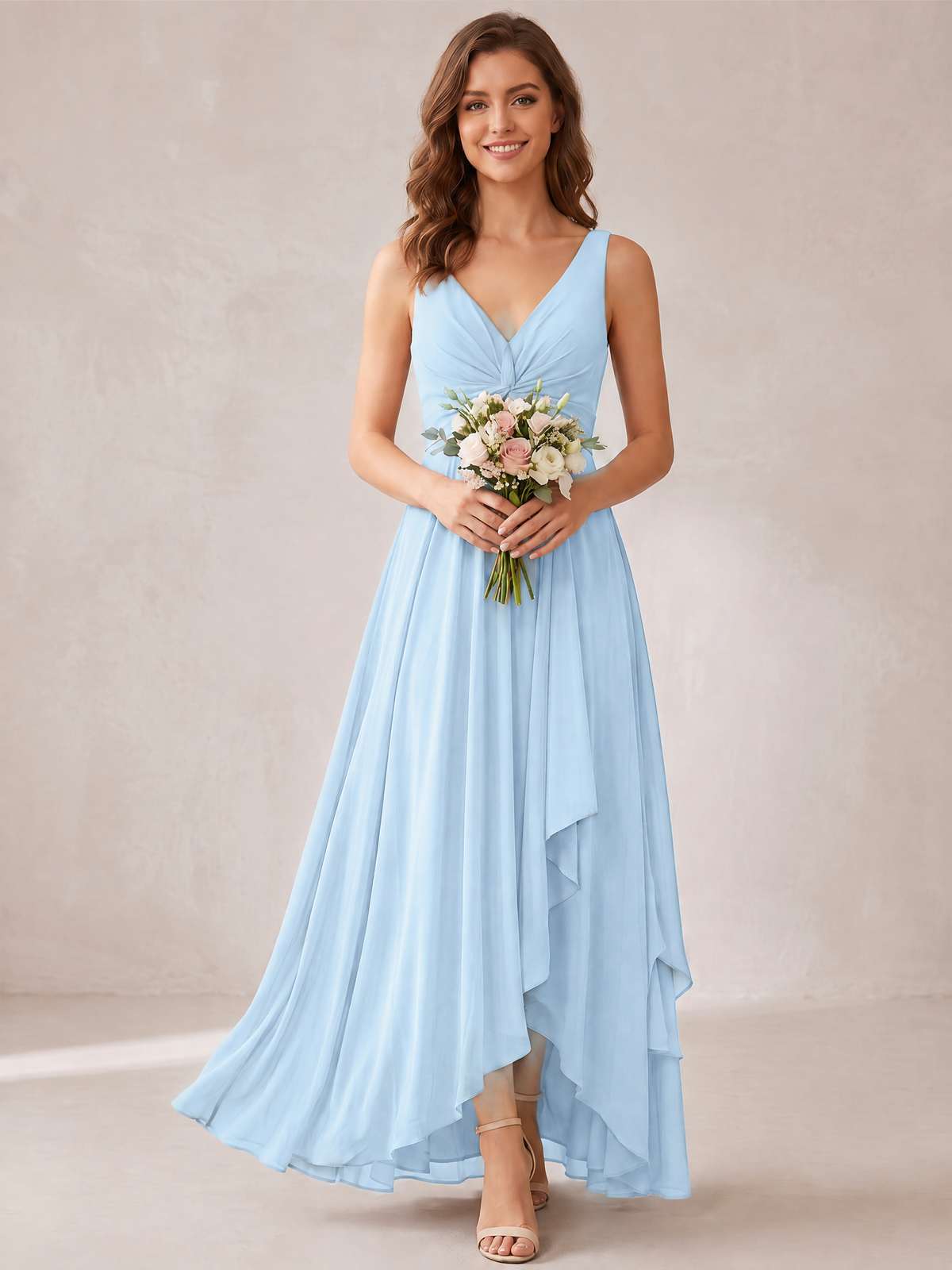 V-Neck High-Low Chiffon Bridesmaid Dress with Ruffles