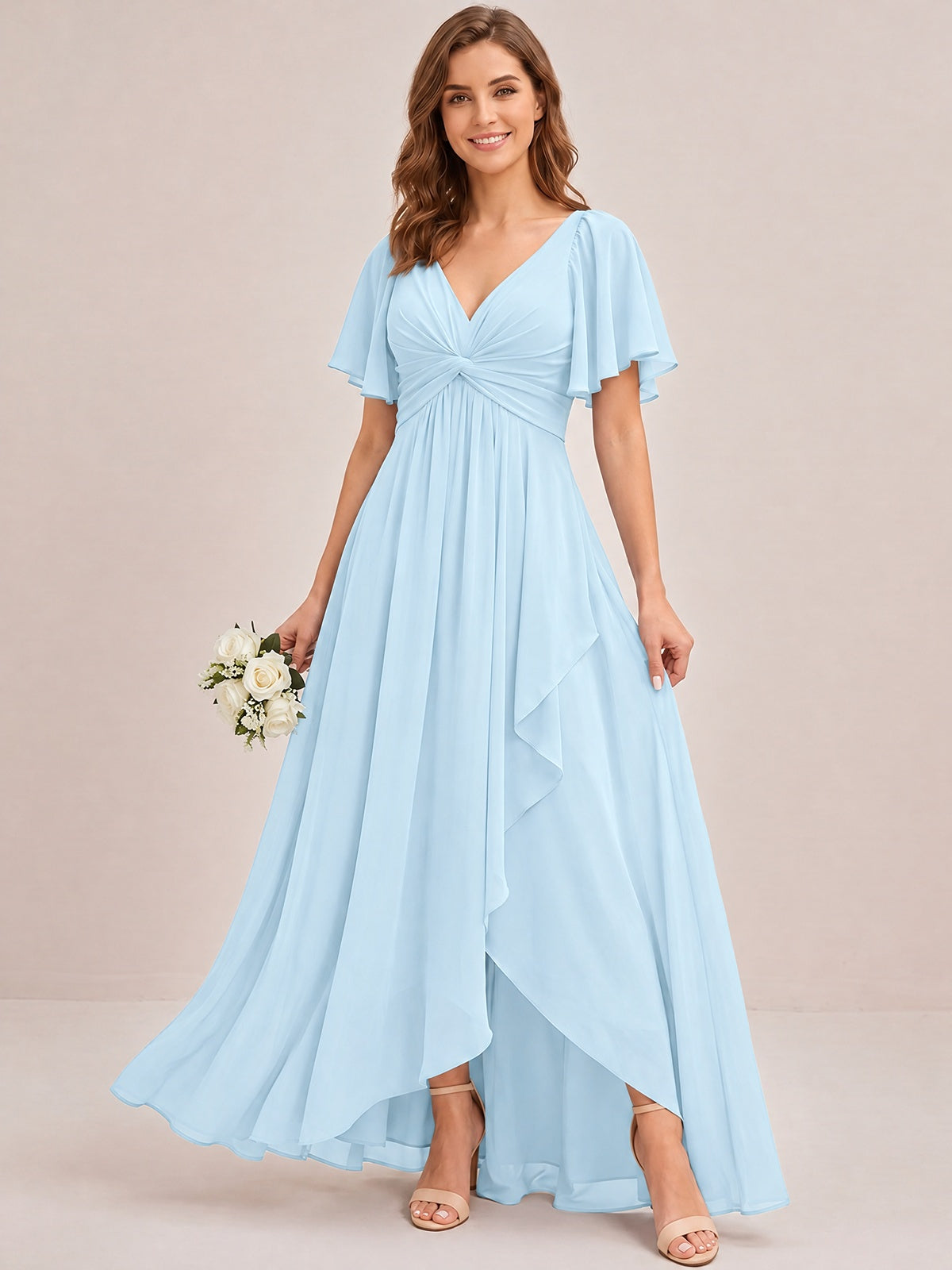 Dusty Blue Chiffon Bridesmaid Dress with Flutter Sleeves & High-Low Hem