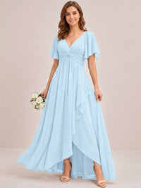 Dusty Blue Chiffon Bridesmaid Dress with Flutter Sleeves & High-Low Hem