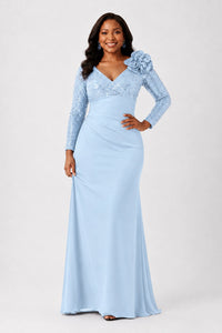 Sequin Mother of the Bride Dress with Long Sleeves 3D Floral V-Neck Gown