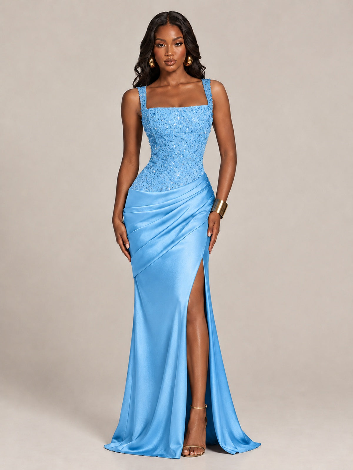 Scoop Neck Sequin Prom Dress with High Slit Satin Formal Gowns