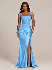 Scoop Neck Sequin Prom Dress with High Slit Satin Formal Gowns