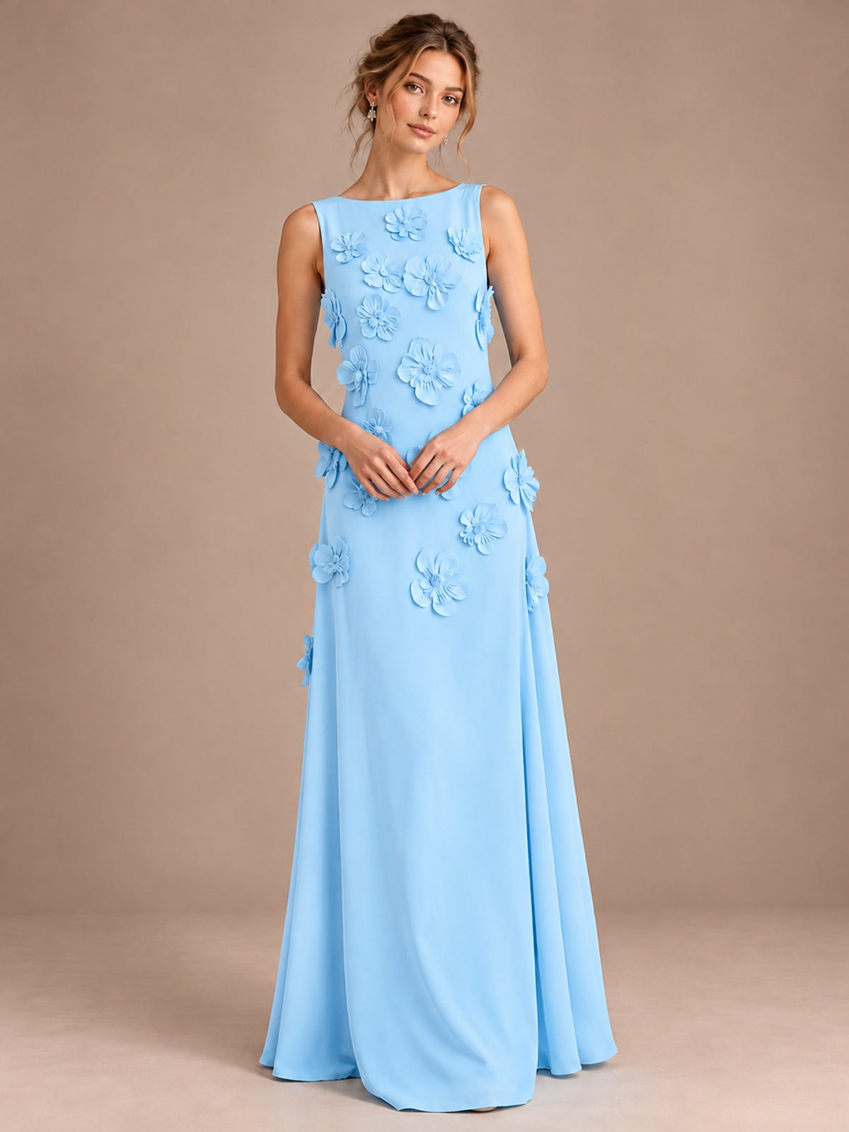 3D Floral Applique Sleeveless Formal Maxi Dress