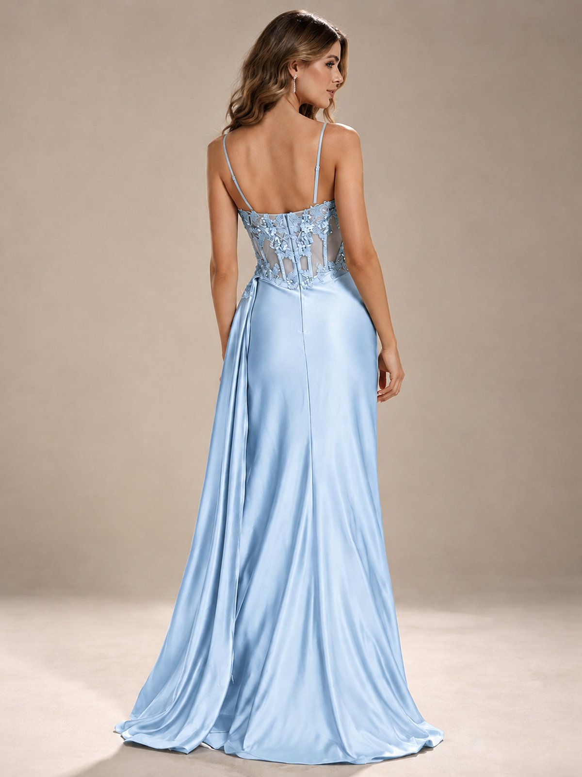 Mermaid Satin Prom Dress with Floral Appliqué Corset and High Slit