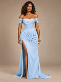 Burgundy Off-the-Shoulder Satin Corset Prom Dress with Slit