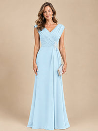 V Neck Pleated Mother of The Bride Dresses with Beading Cap Sleeves