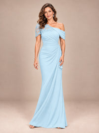 Light Blue-Lace One Shoulder Chiffon Ruched Mother of The Bride Dresses