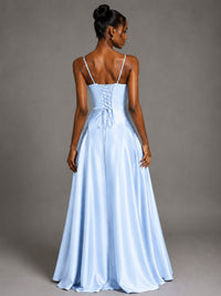 Lavender V Neck Satin Prom Dress with Spaghetti Straps