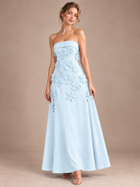 Light Blue Strapless 3D Floral Appliques Maxi Dress