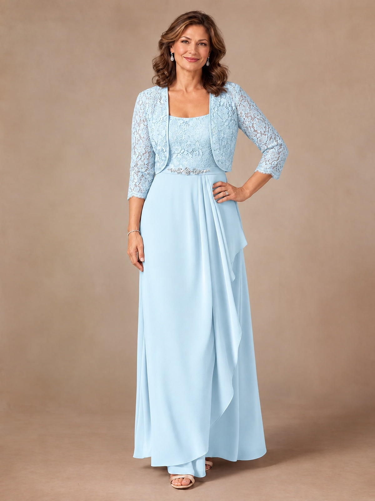 Blush Pink A-Line Mother of the Bride Dress with Lace Jacket and Ruffles