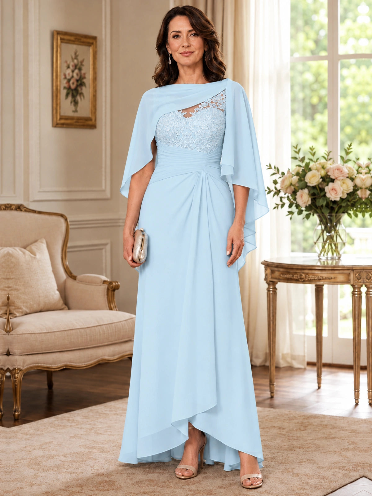 Elegant Chiffon Mother of the Bride Dress with Lace Applique and Cape Sleeves