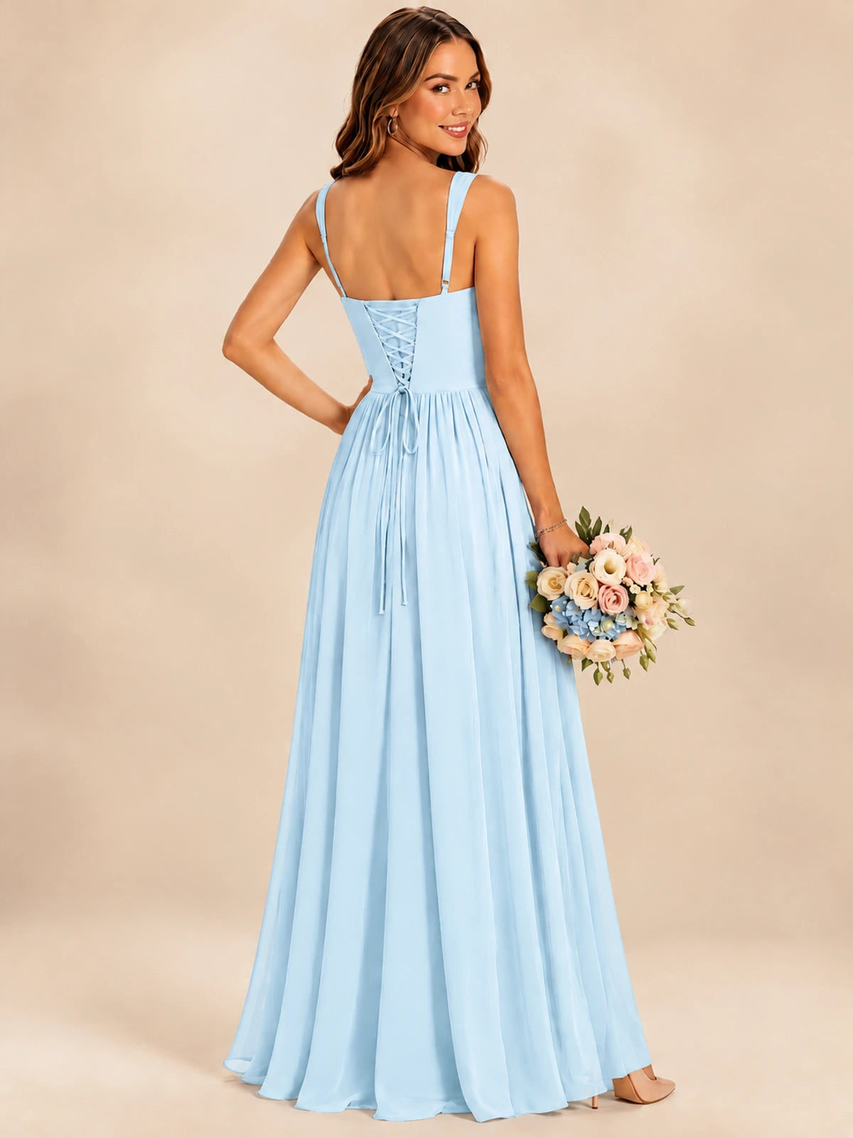 Spaghetti Straps Pleated Chiffon Bridesmaid Dress with Ruffle Slit