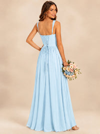 Spaghetti Straps Pleated Chiffon Bridesmaid Dress with Ruffle Slit