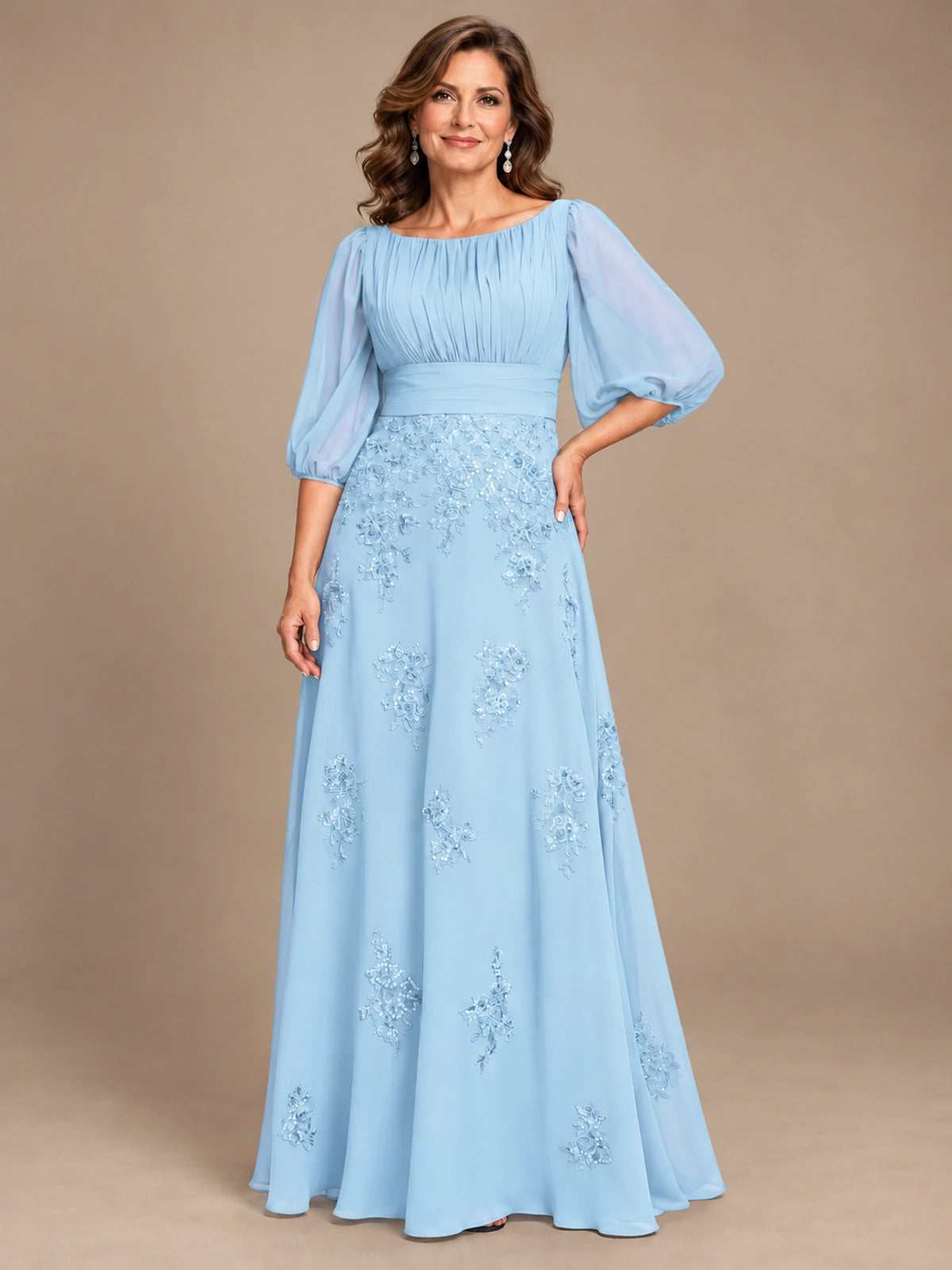 A-Line Mother of the Bride Dress with Sheer Puff Sleeves