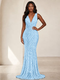 Sequin Mermaid Prom Dress with V-Neck and Ruched Waist