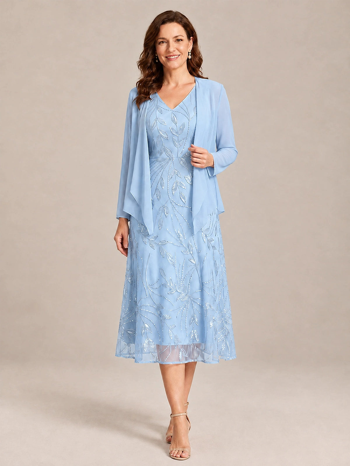 Light Blue-2 Piece Lace Appliques Chiffon Mother of The Bride Dress with Sequin