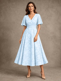 V-Neck Floral Jacquard Tea-Length Mother of the Bride Dress