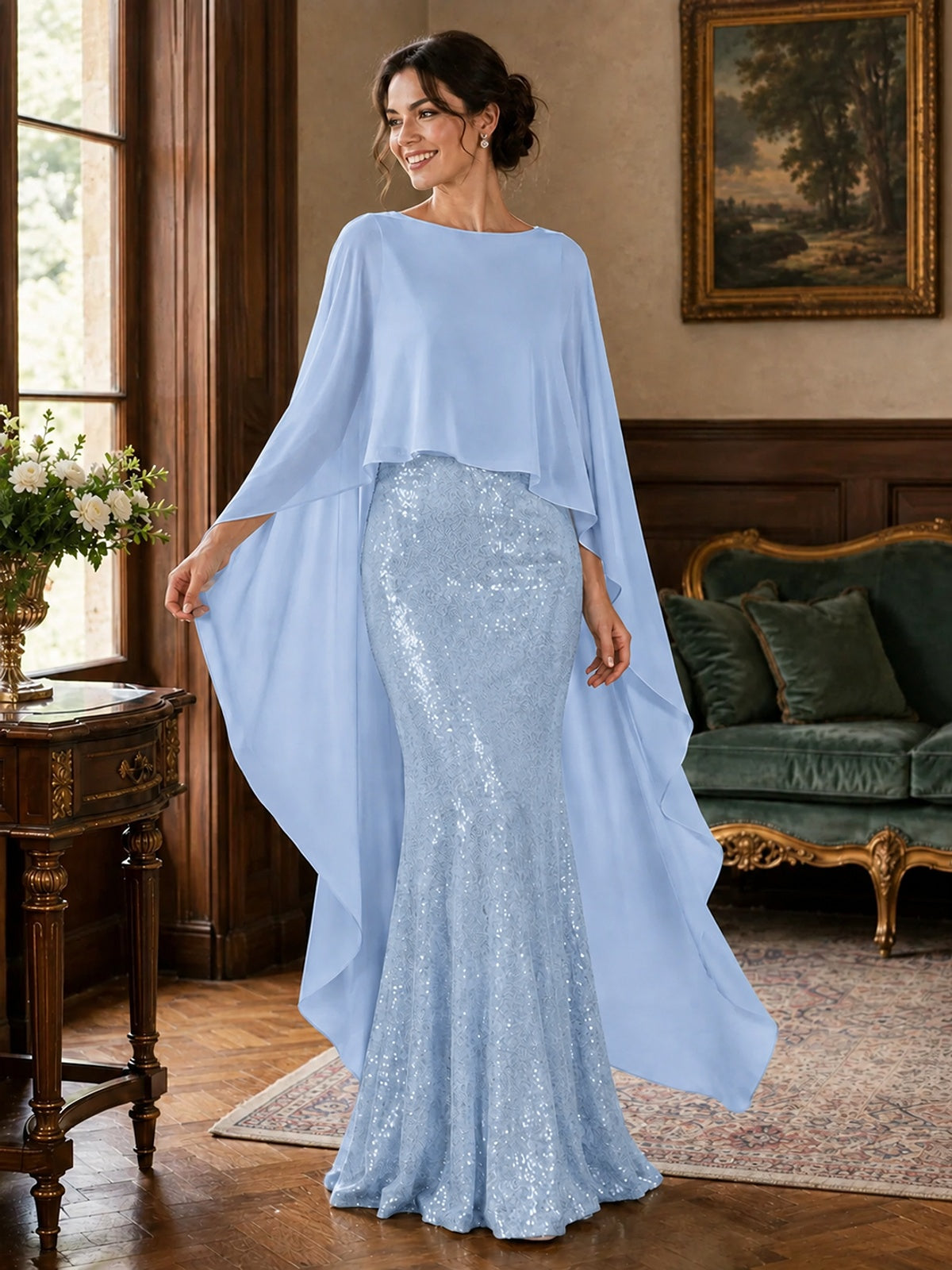Sequin 2 Pieces Mother of the Bride Dress with Cap Sleeves Chiffon Formal Gowns