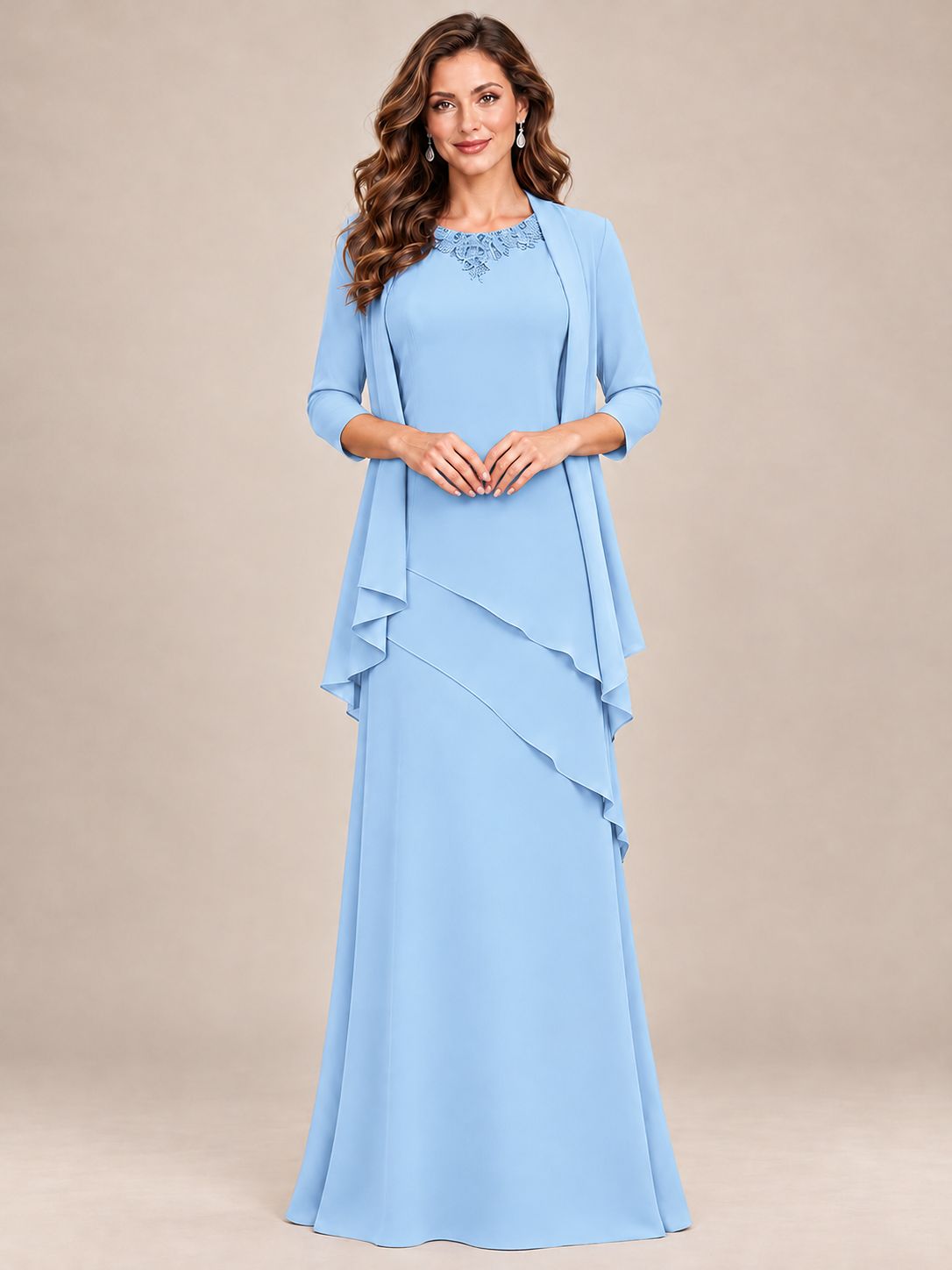 Dusty Blue Two-Piece Chiffon Mother of the Bride Dress with Jacket