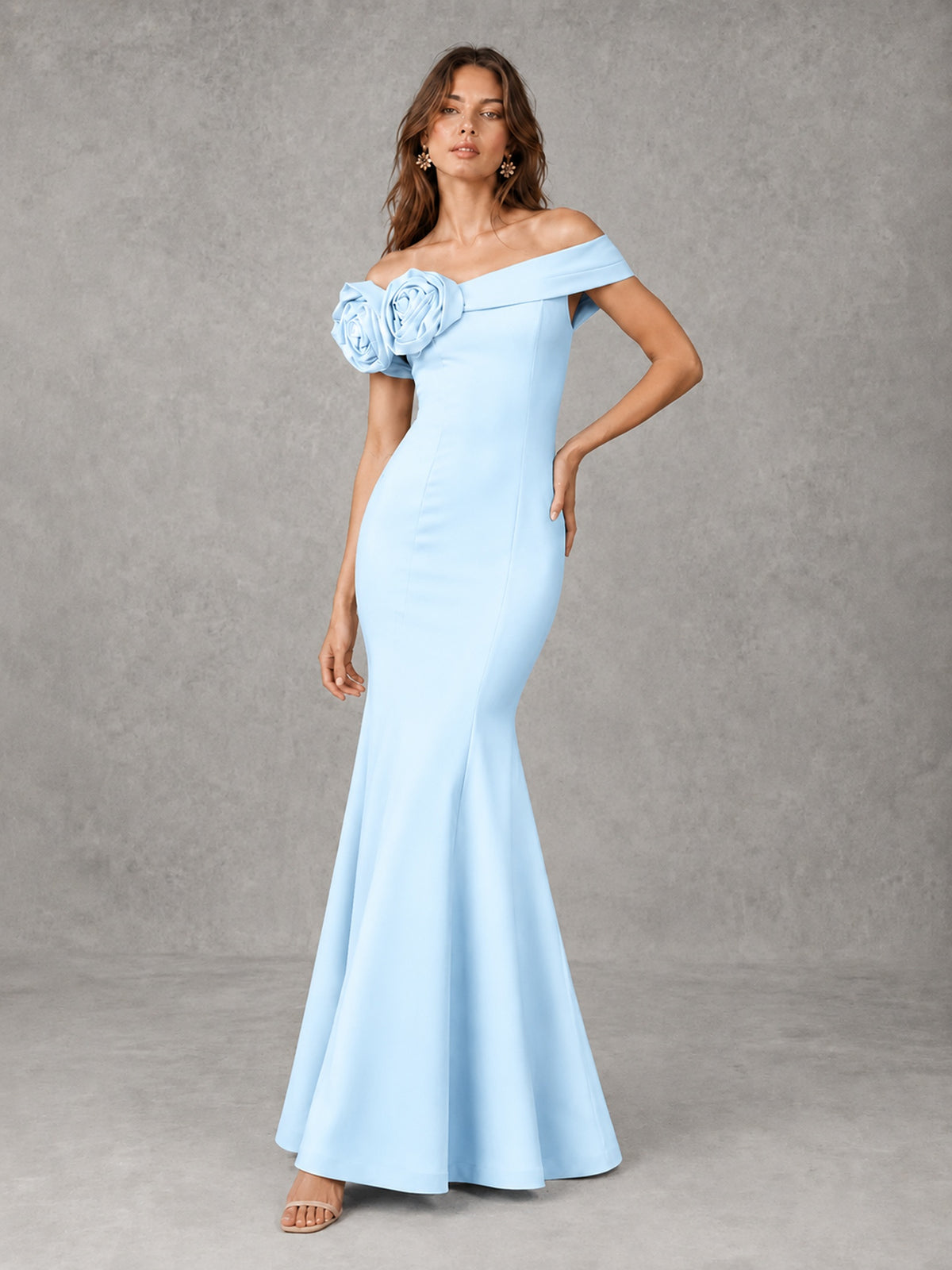 Blush Pink Off Shoulder Mermaid Bridesmaid Dress with Floral Rosette