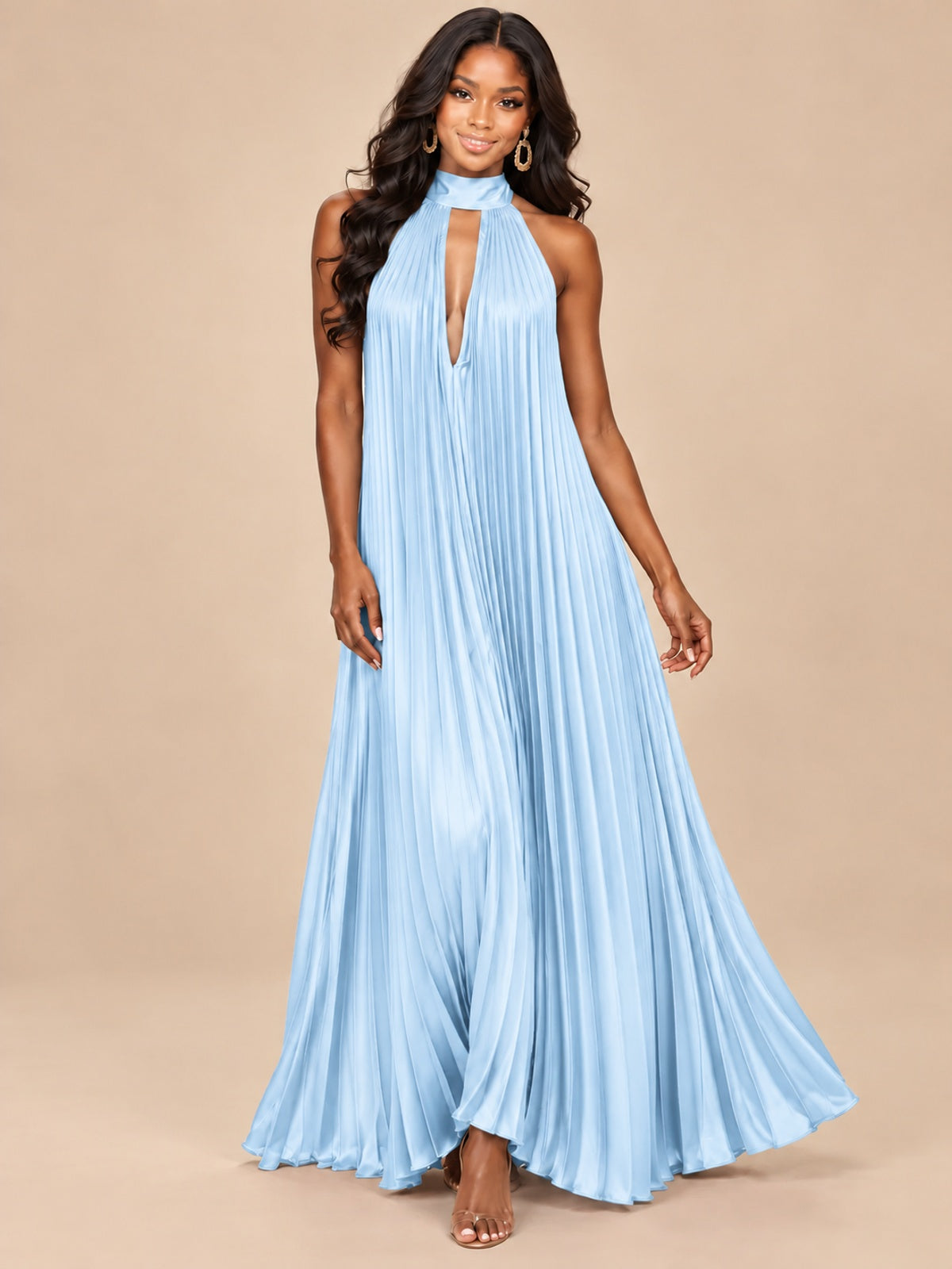 Rust Orange Pleated Halter Neck Maxi Dress