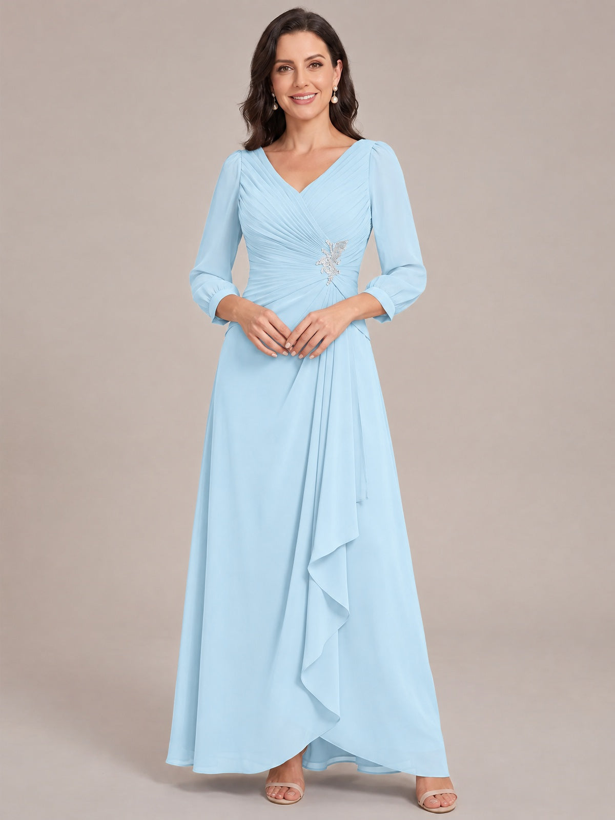 Light Blue-Long Sleeve Chiffon Beaded Mother of The Bride Dresses for Women