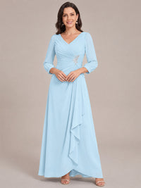 Light Blue-Long Sleeve Chiffon Beaded Mother of The Bride Dresses for Women