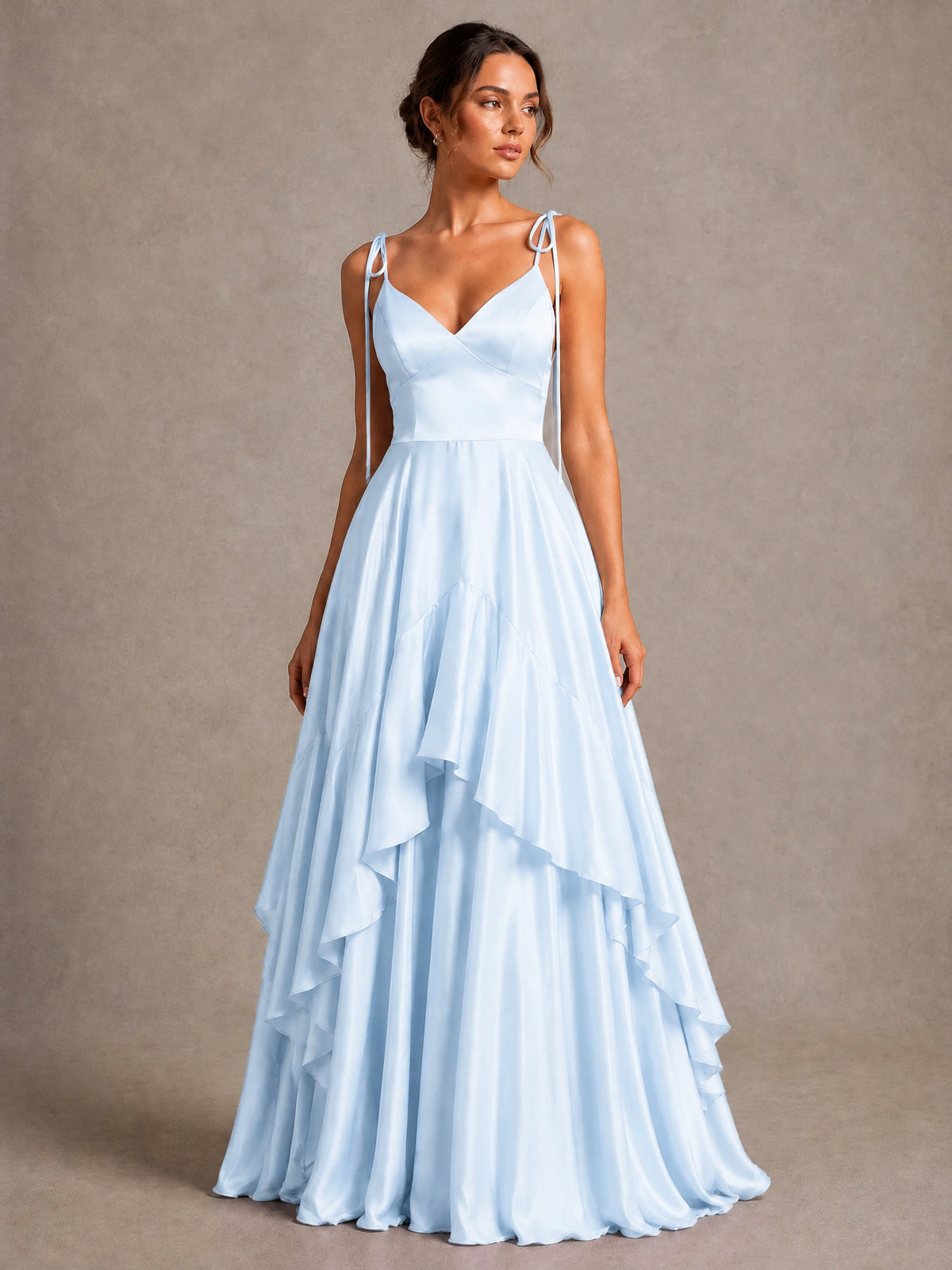 Lavender Satin V-Neck Ruffle Maxi Dress