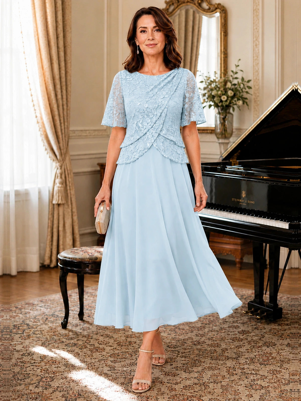 Tea-Length Chiffon Mother of the Bride Dress with Sequin Lace Sleeves