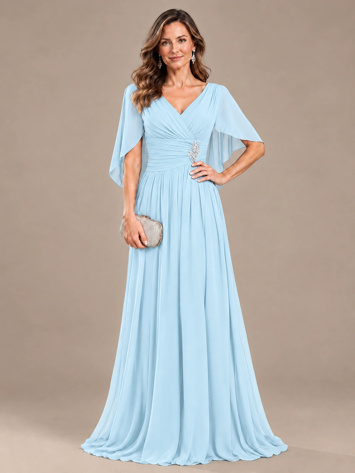 Ruched V Neck Mother of The Bride Dresses with Shawls Appliques and Cap Sleeves