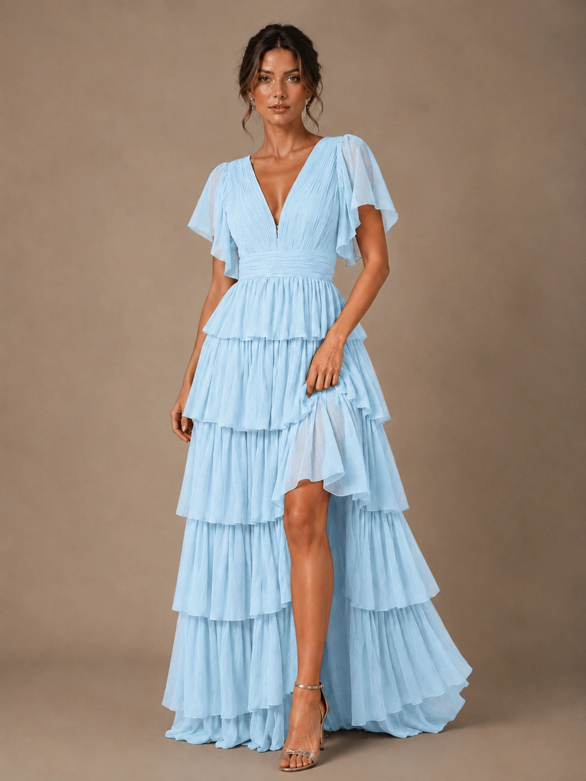 Chiffon V-Neck Tiered Ruffle Bridesmaid Dress with Slit