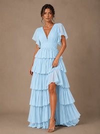 Chiffon V-Neck Tiered Ruffle Bridesmaid Dress with Slit