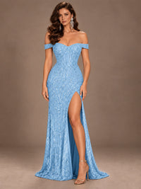 Off the Shoulder Corset Sequin Mermaid Prom Dress with Slit