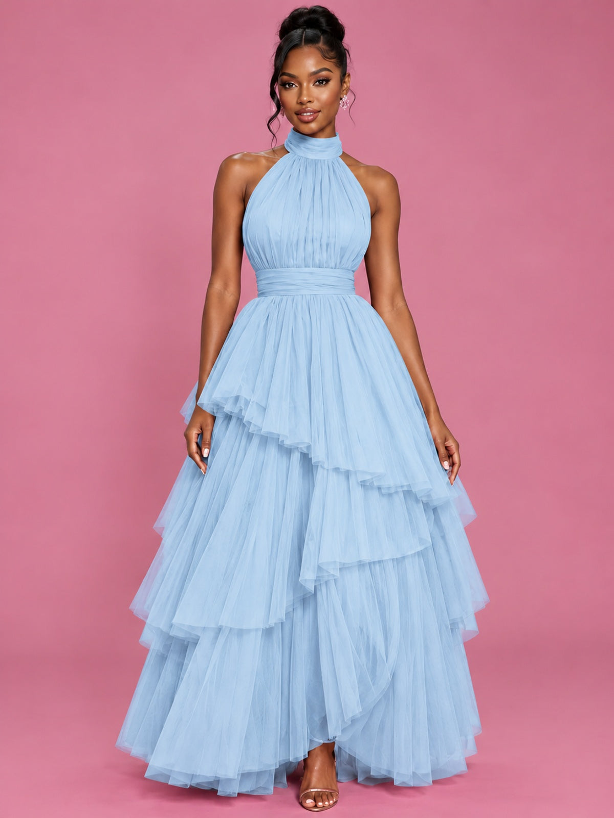 Hot Pink Tulle Halter Neck Tiered Ruffle Maxi Dress