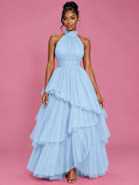 Hot Pink Tulle Halter Neck Tiered Ruffle Maxi Dress
