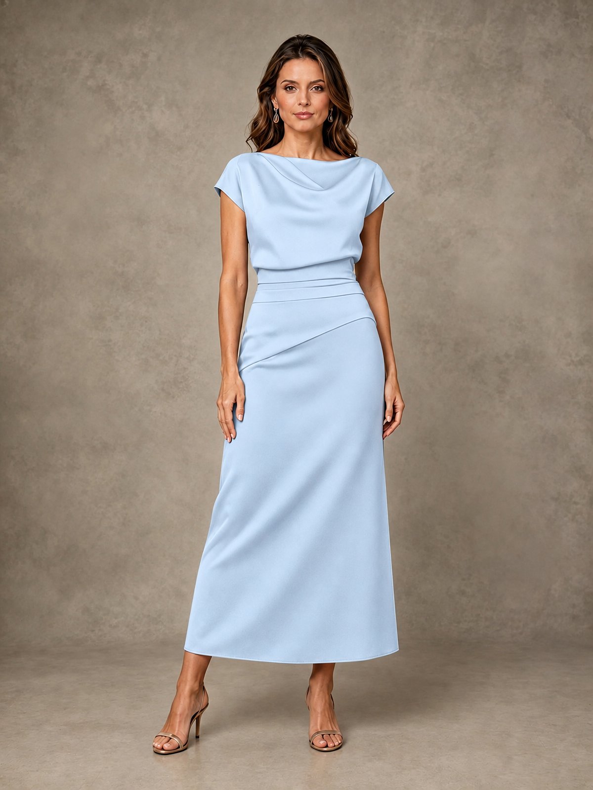 Cowl Neck Satin Mother of the Bride Dress with Ruched Waist