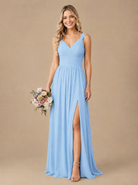 Pleated Chiffon V Neck Wedding Bridesmaid Dresses Floor Length with Slit