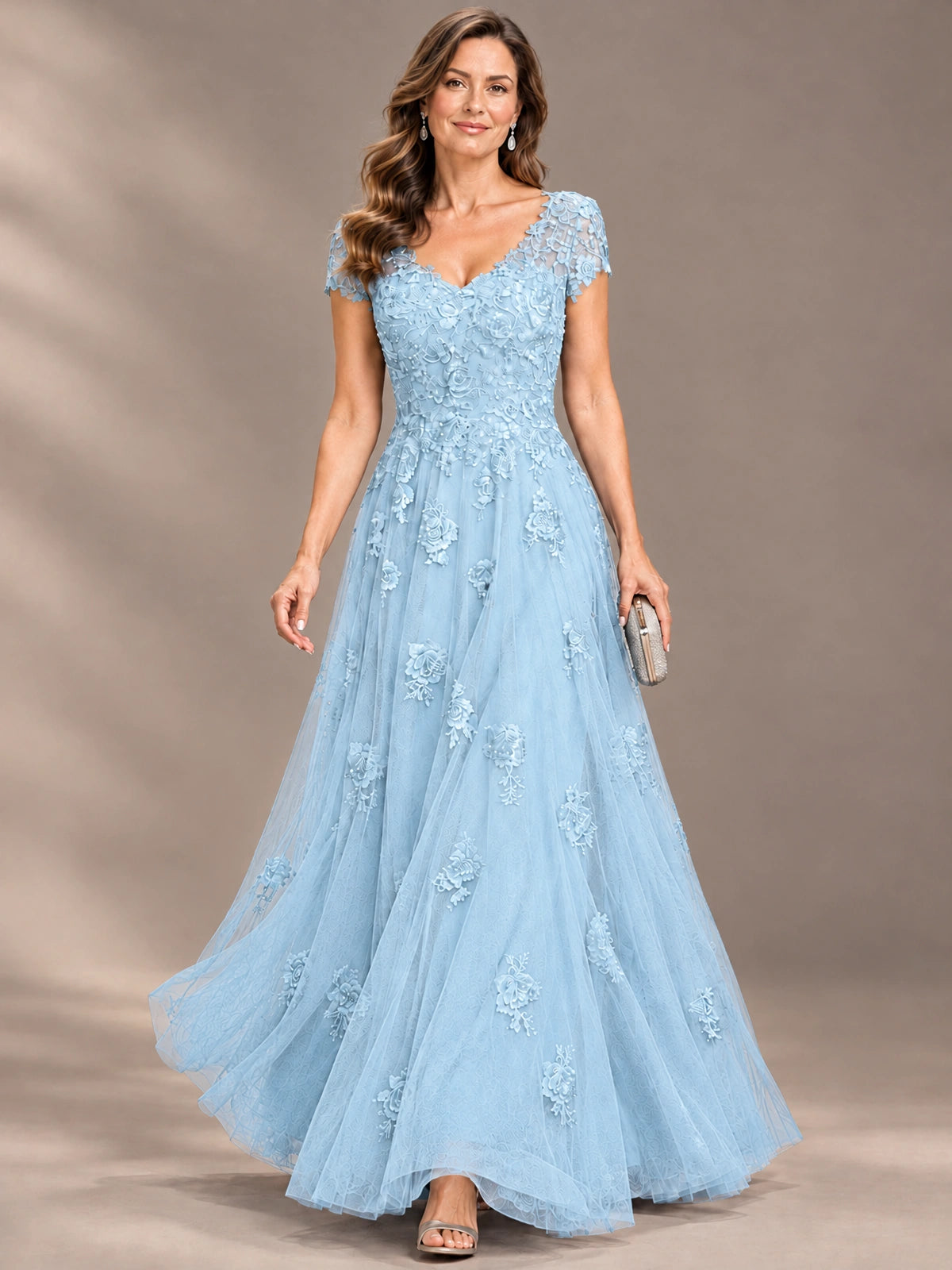 Lace Appliques A-line Mother of The Bride Dresses with Short Sleeves