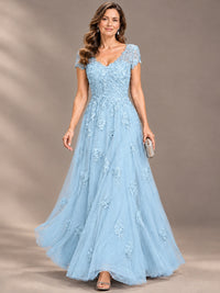 Lace Appliques A-line Mother of The Bride Dresses with Short Sleeves