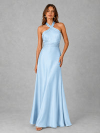 Sage Green Satin A-Line Bridesmaid Dress with Halter Neck