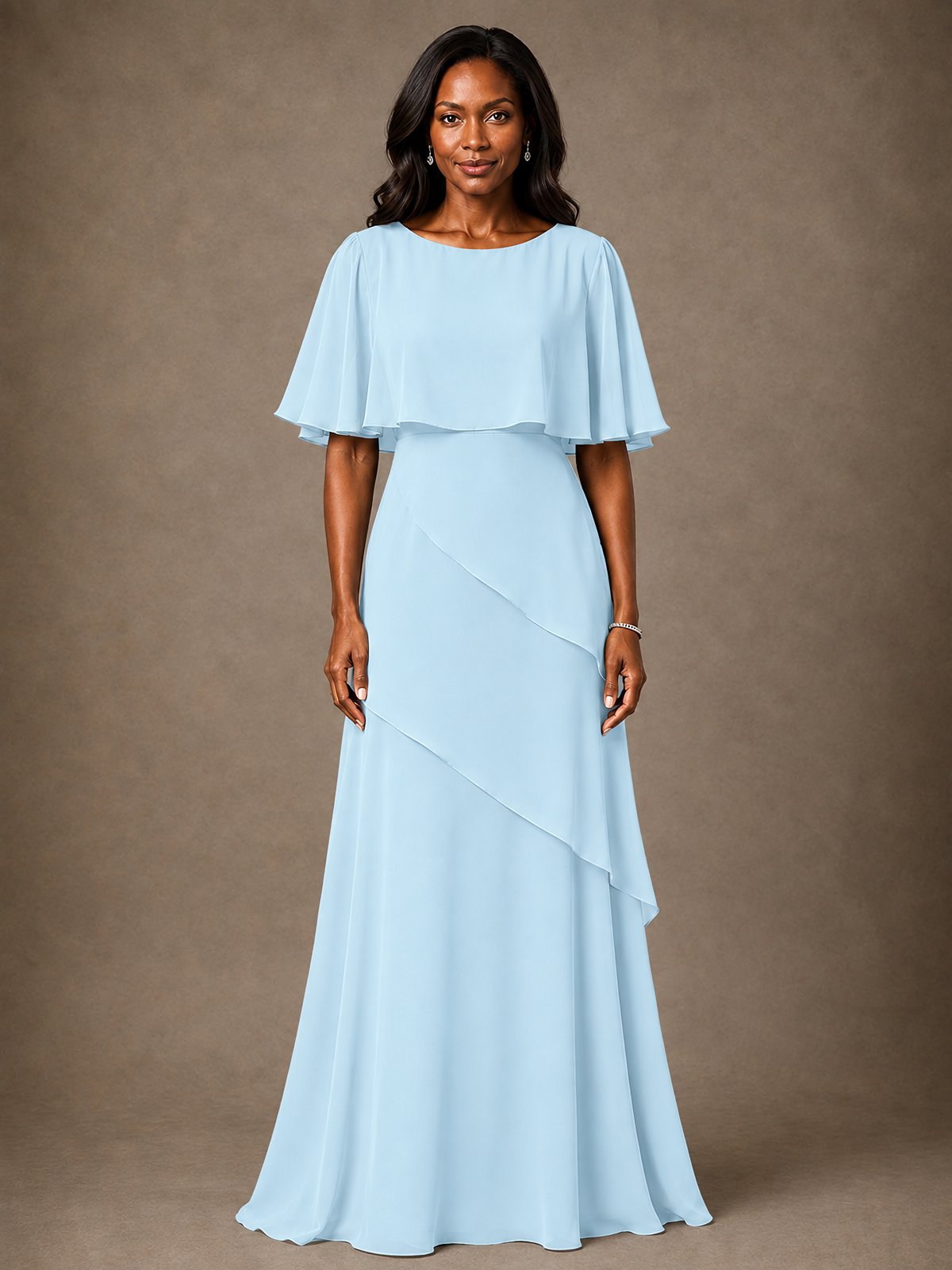 Taupe Chiffon A-Line Mother of the Bride Dress with Cape Sleeves