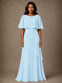 Taupe Chiffon A-Line Mother of the Bride Dress with Cape Sleeves