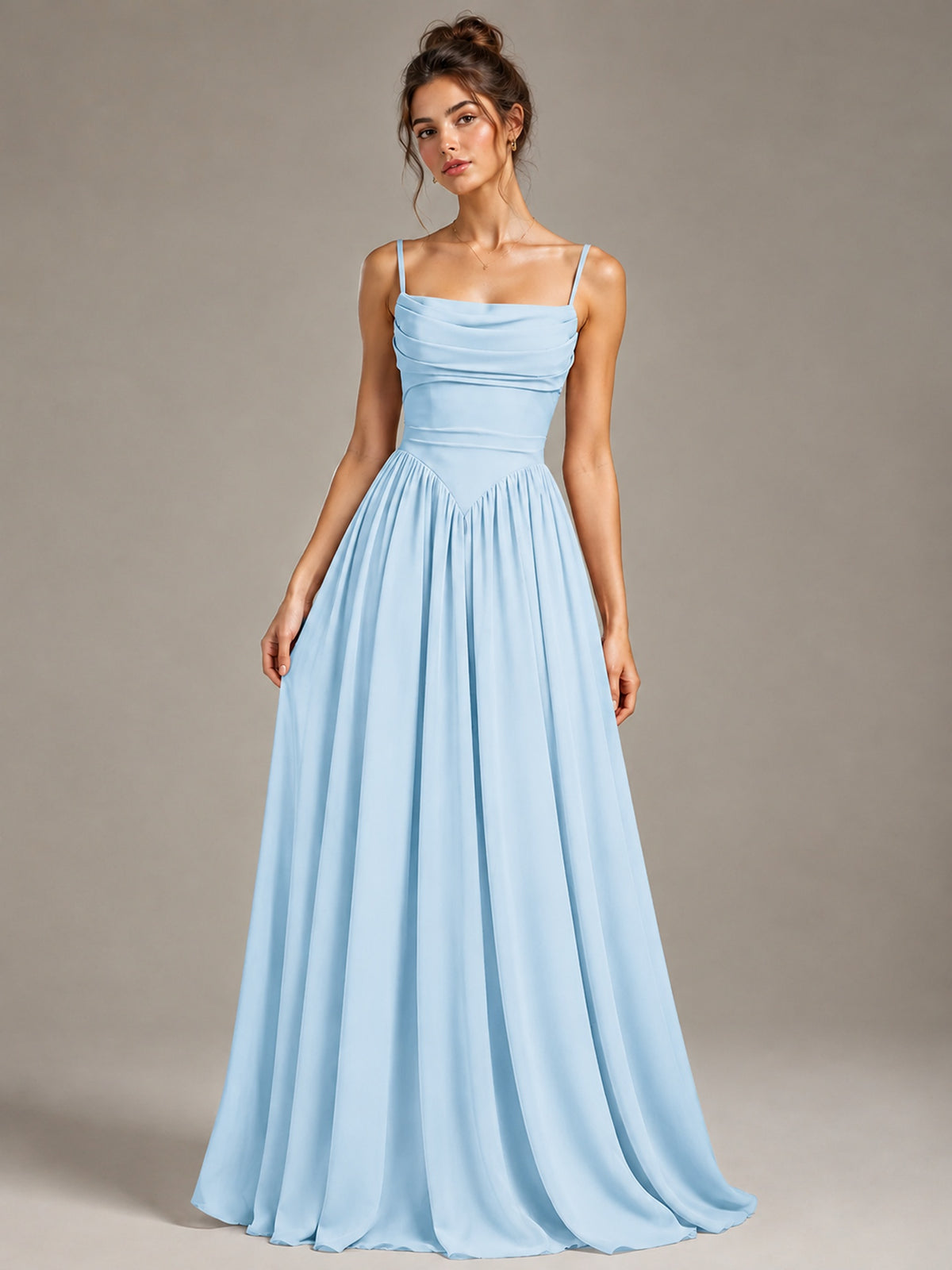 Spaghetti Strap Ruched Chiffon Maxi Dress with Backless