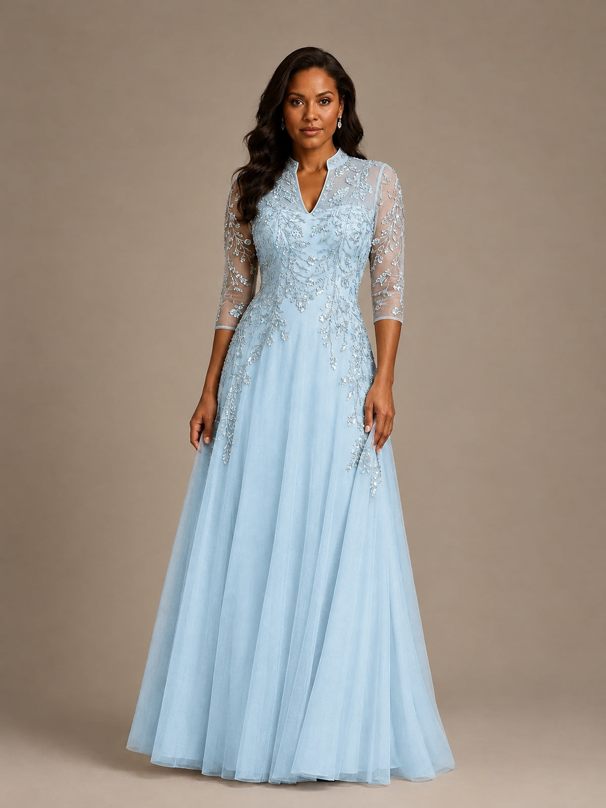 Embellished Appliques Mother of the Bride Dress with 3/4 Sleeves